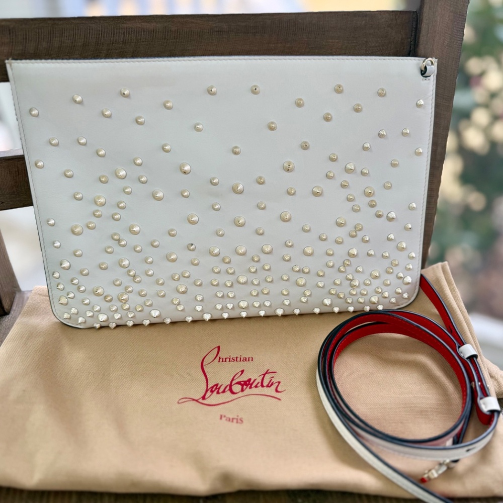 Christian Louboutin White Leather Loubiposh Clutch with Gold Spikes - Picture 4 of 9